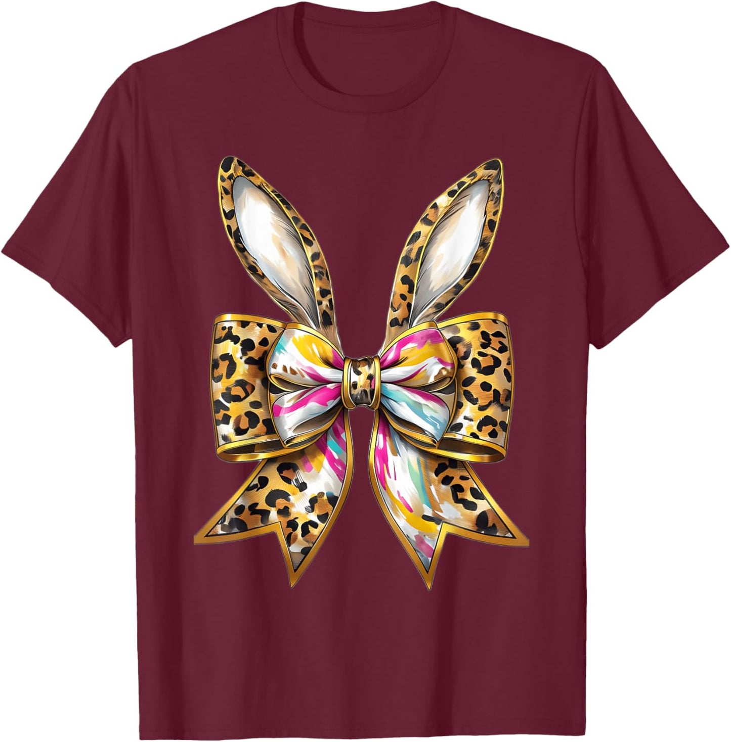 Easter Bunny Leopard Coquette Bow Happy Easter Girls Women T-Shirt - T-Shirt | Maroon