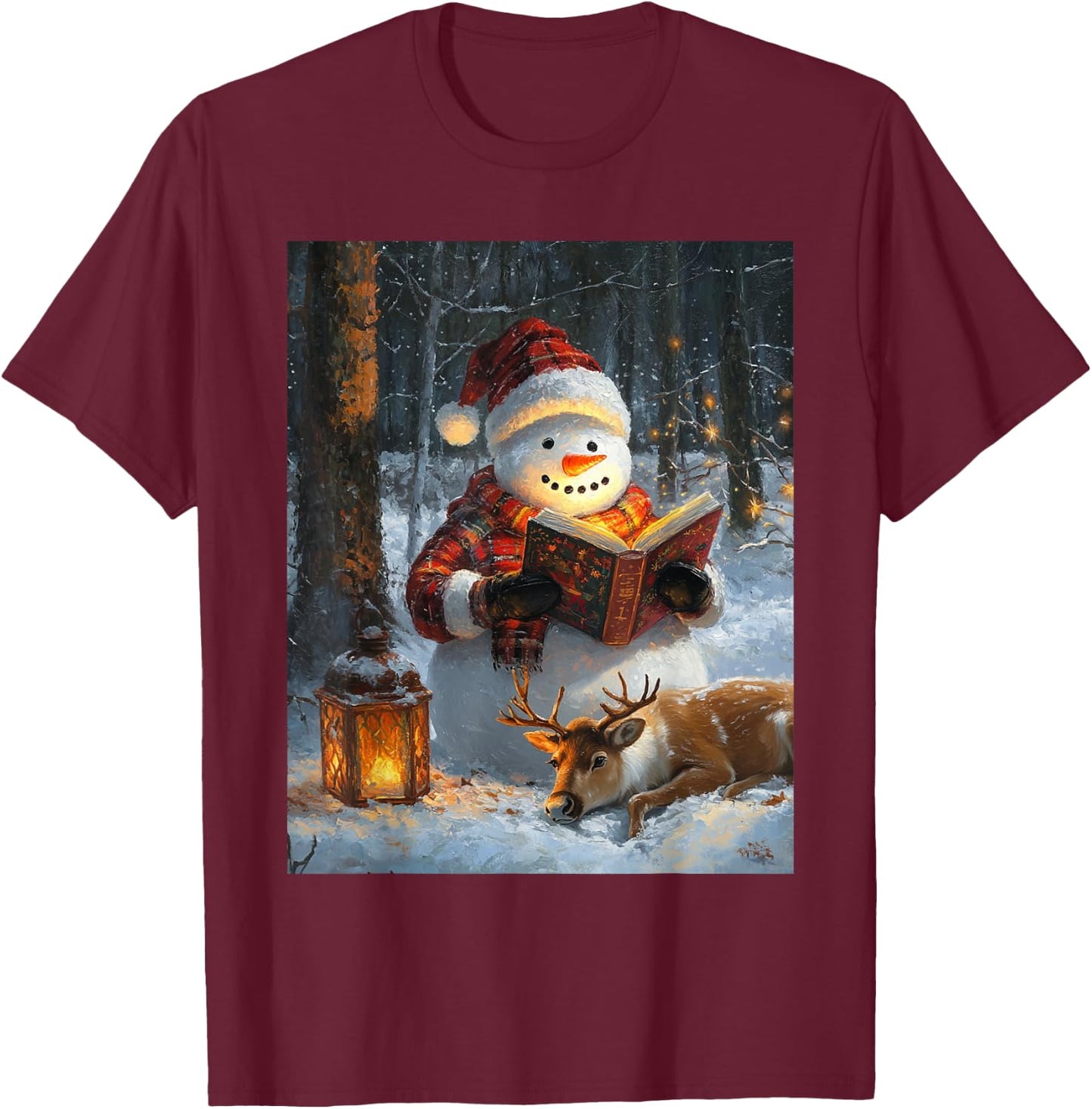 Christmas Deer Girls Boys Kids Christmas Snowman Reads Book T-Shirt - T-Shirt | Maroon