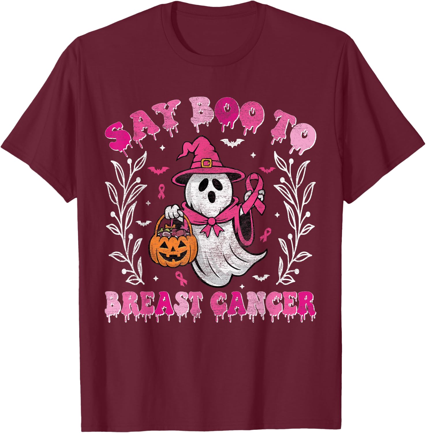 Say Boo to Breast Cancer Halloween Ghost Witch Breast Cancer T-Shirt - T-Shirt | Maroon