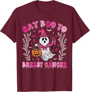 Say Boo to Breast Cancer Halloween Ghost Witch Breast Cancer T-Shirt - T-Shirt | Maroon
