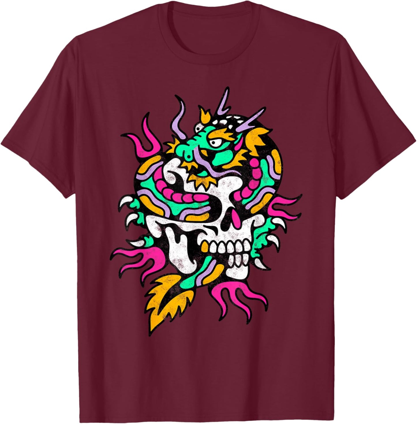 Skull Dragon American Traditional Old School Tattoo Artist T-Shirt - T-Shirt | Maroon