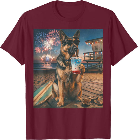 Funny German Shepherd Patriotic Beach Fireworks Dog Art T-Shirt - T-Shirt | Maroon