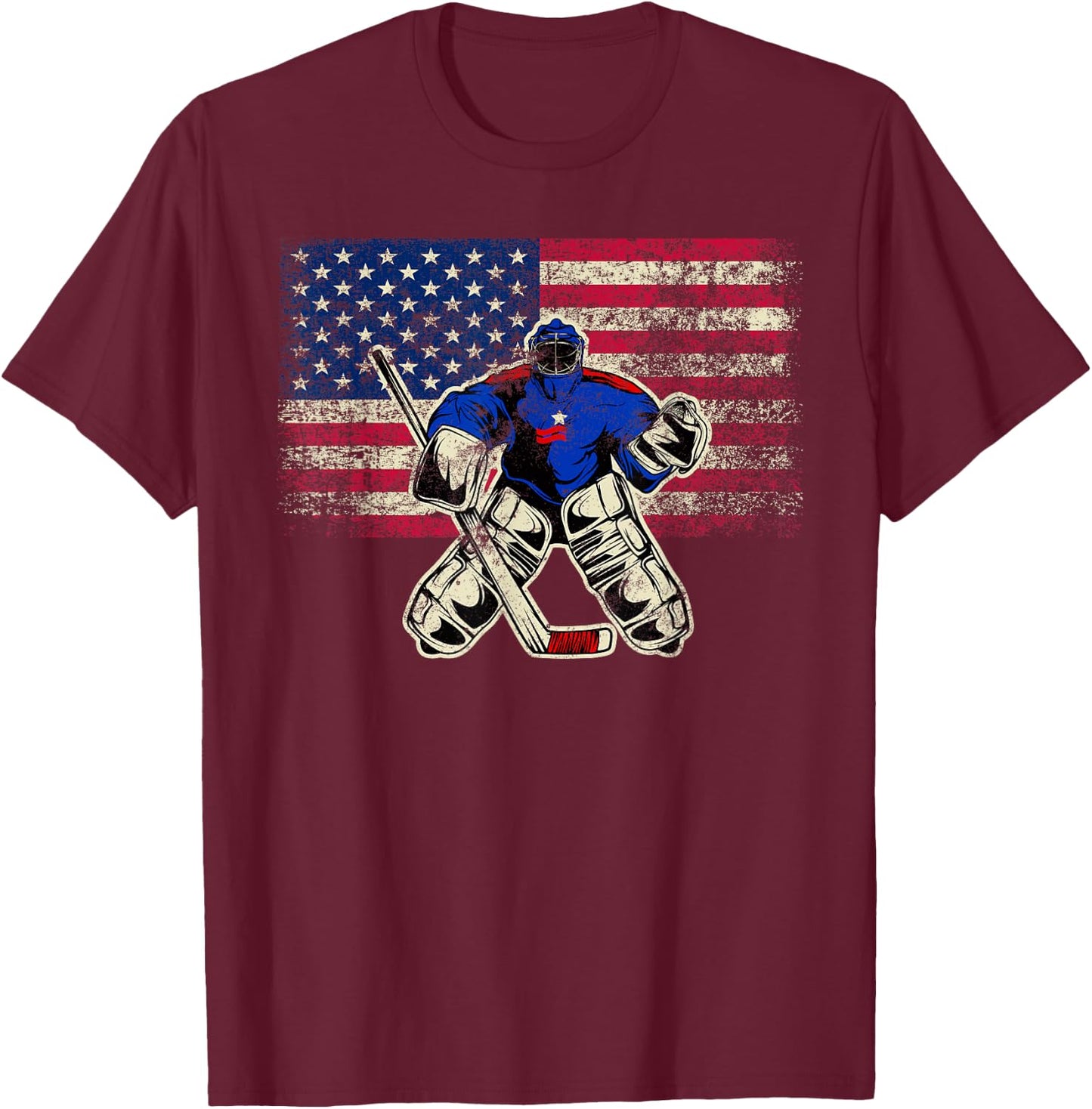 Vintage Ice Hockey Goalie USA Flag Gift Goalie T-Shirt - T-Shirt | Maroon