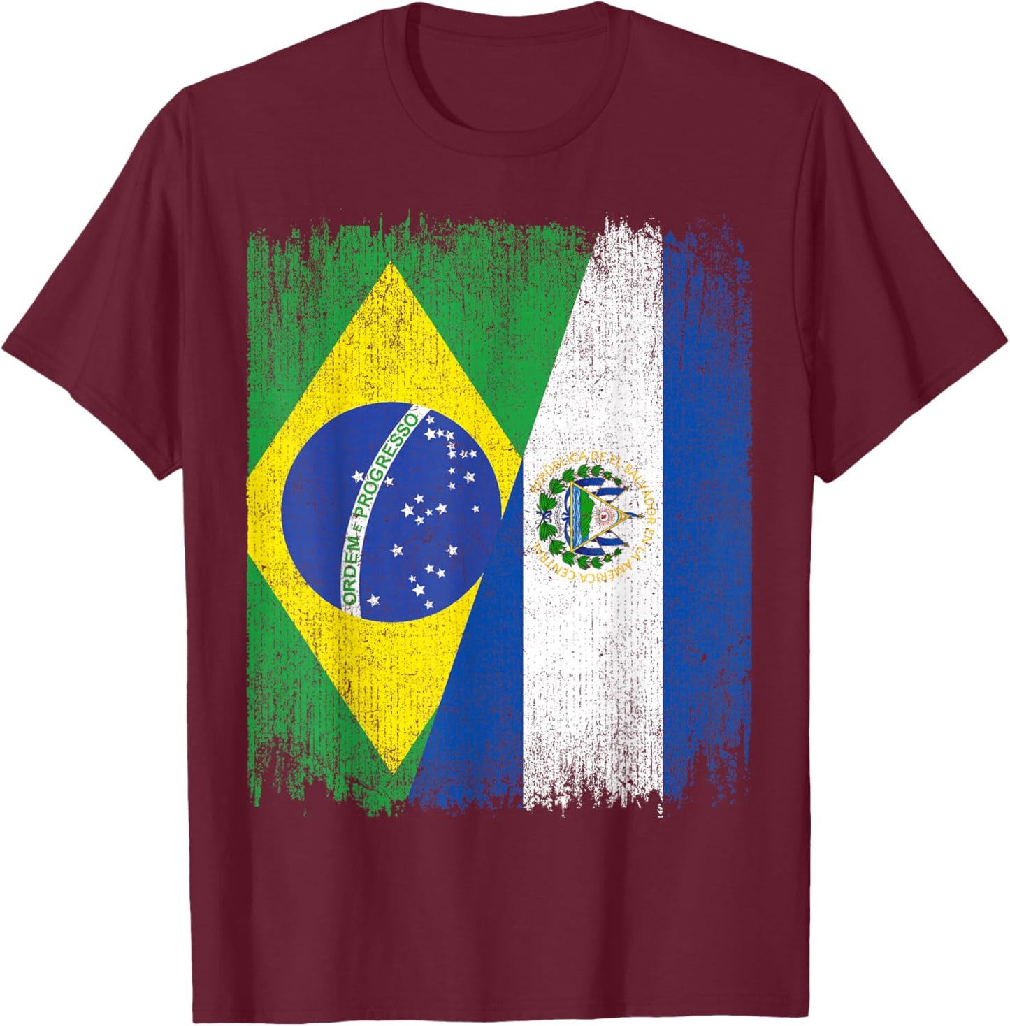 Half Brazil El Salvador Split Flag Brazilian Salvadoran Root T-Shirt - T-Shirt | Maroon