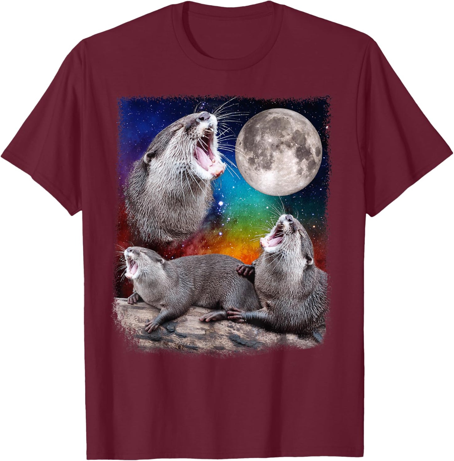 Howling Wolf Otters Moon Galaxy Parody T-Shirt - T-Shirt | Maroon