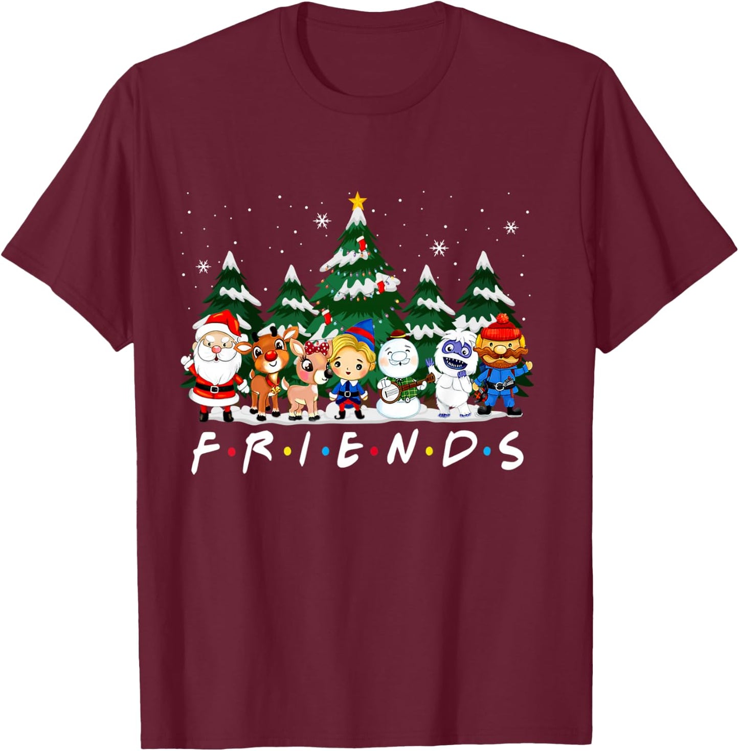 Friends Christmas Santa Rudolph Snowman Family Pajama Xmas T-Shirt - T-Shirt | Maroon