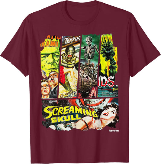 Vintage Style Sci Fi Horror Movie Poster Collage T-Shirt - T-Shirt | Maroon