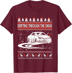 Car Lover Shirt Drifting Through The Snow Ugly Christmas Sweater - Women's Adult XX-Large Black Heather Grey Cotton Polyester Modern Ugly Christmas Sweater T-Shirt - T-Shirt | Maroon