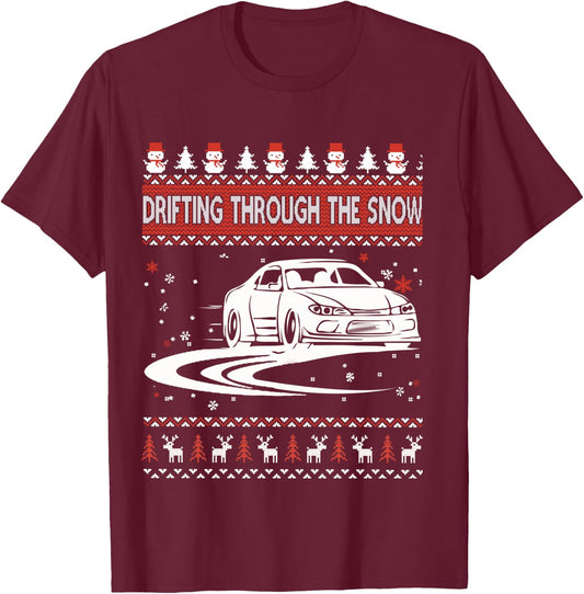 Car Lover Shirt Drifting Through The Snow Ugly Christmas Sweater - Women's Adult XX-Large Black Heather Grey Cotton Polyester Modern Ugly Christmas Sweater T-Shirt - T-Shirt | Maroon