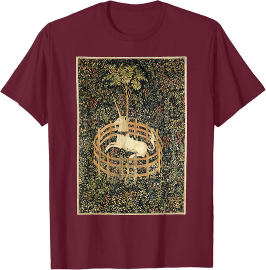 Vintage Unicorn In Captivity Medieval Tapestry T-Shirt - T-Shirt | Maroon