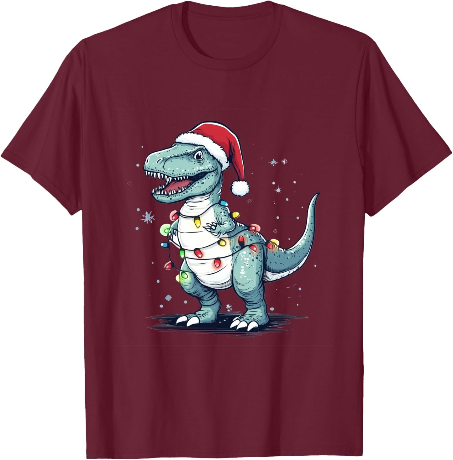 Santa Hat Trex Dinosaur Christmas Lights T-rex Moms Dads T-Shirt - T-Shirt | Maroon