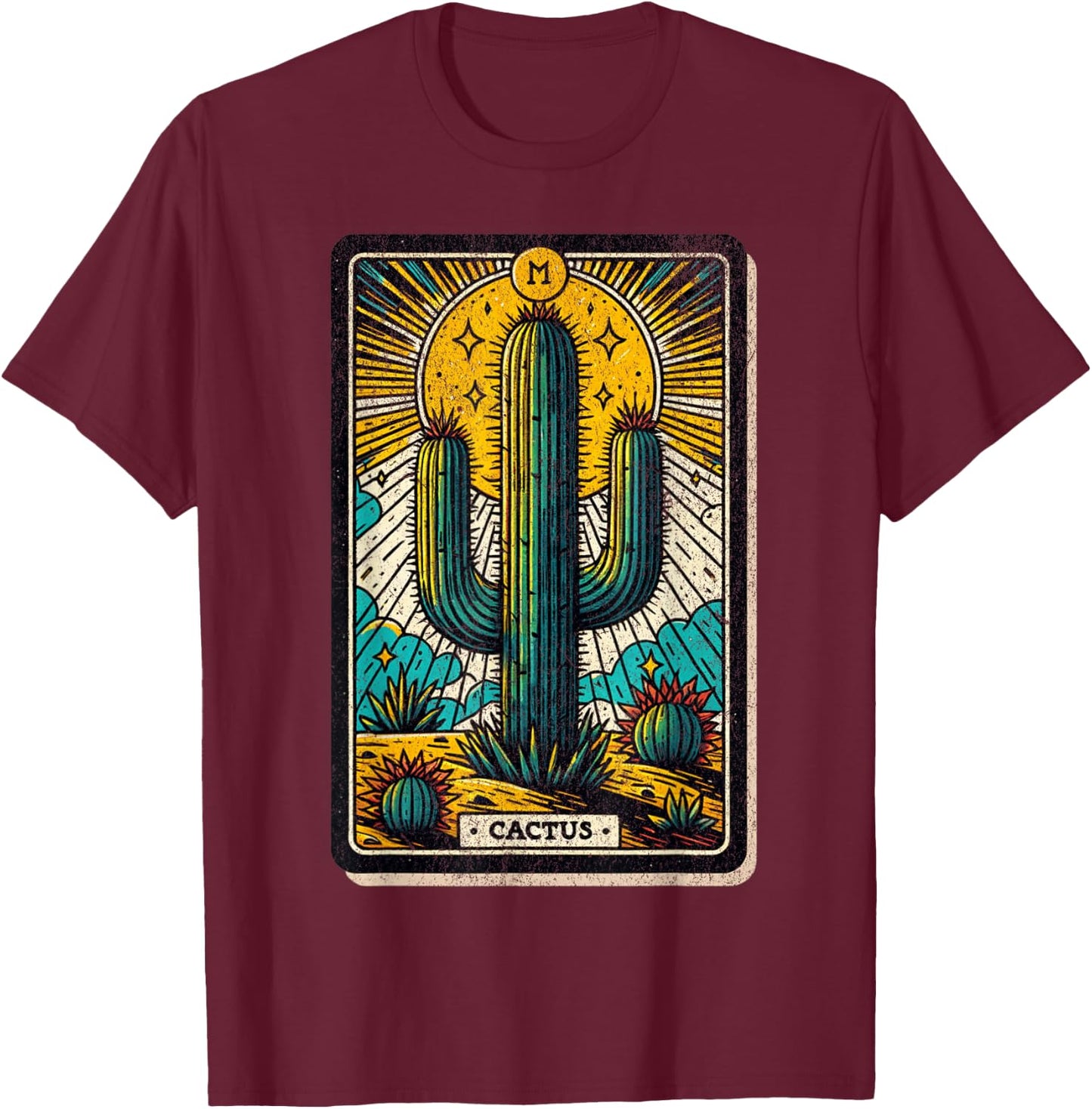 Vintage Saguaro Cactus Tarot Card Desert Cacti Southwest T-Shirt - T-Shirt | Maroon
