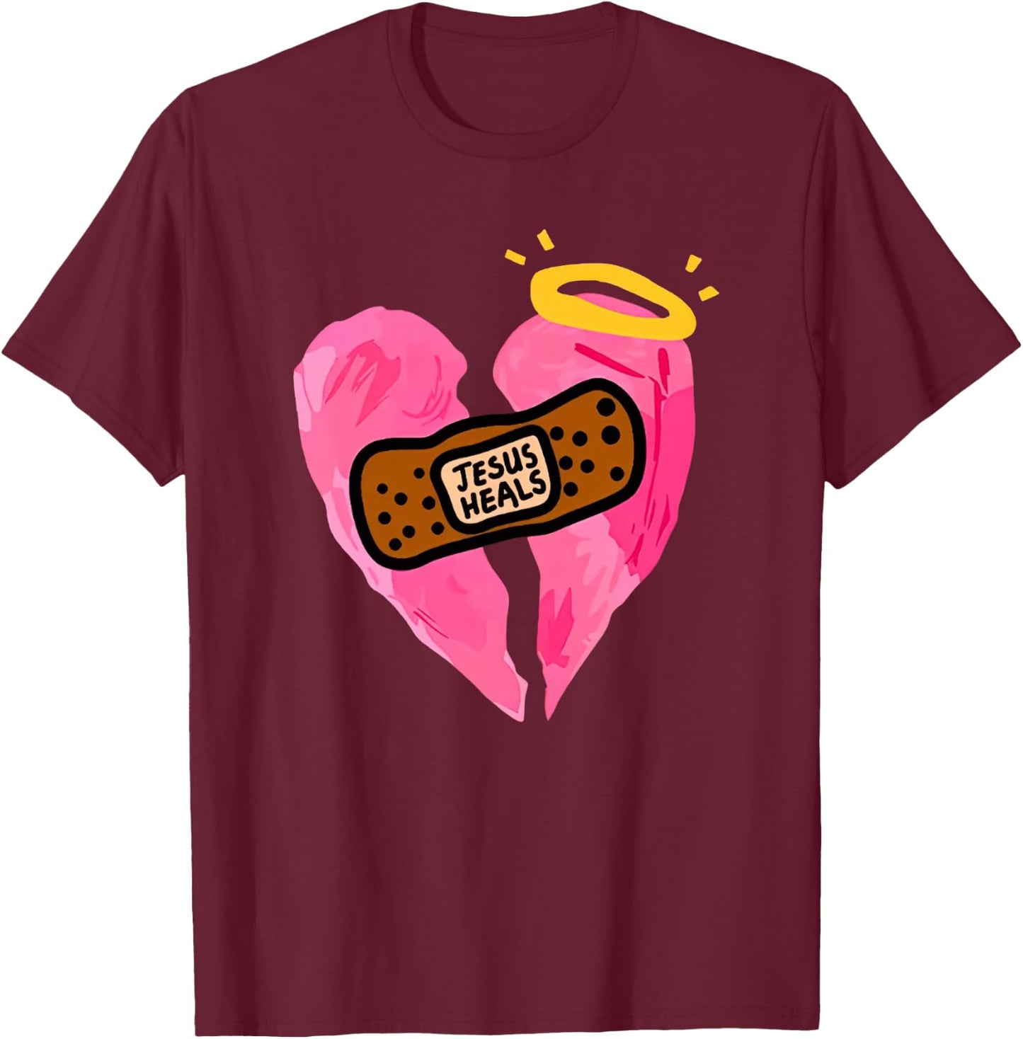 Jesus Heals Broken Heart Print Bandages Bandaids T-Shirt - T-Shirt | Maroon