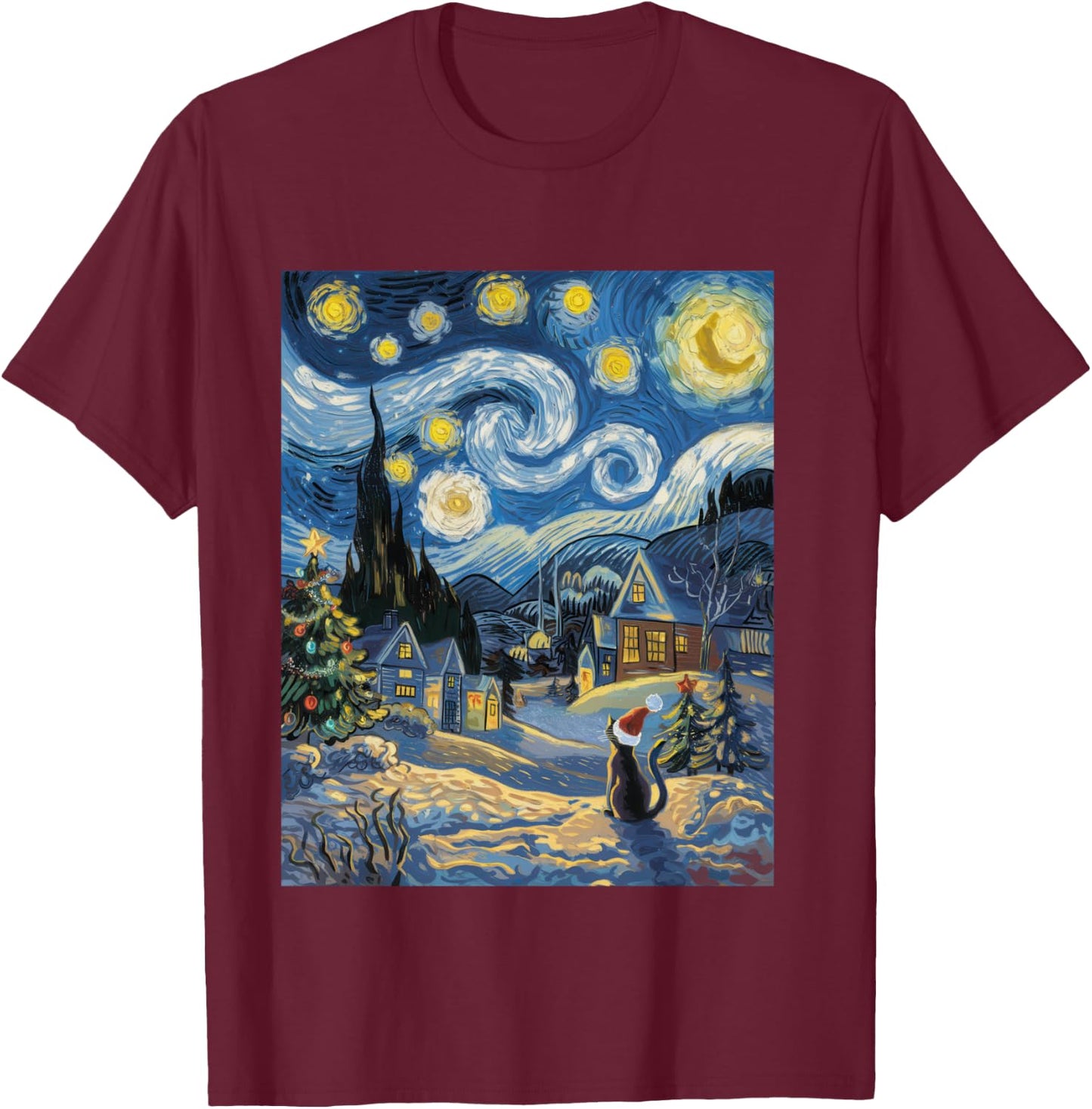 Starry Night Festive Christmas Cat Santa Winter Xmas T-Shirt - T-Shirt | Maroon