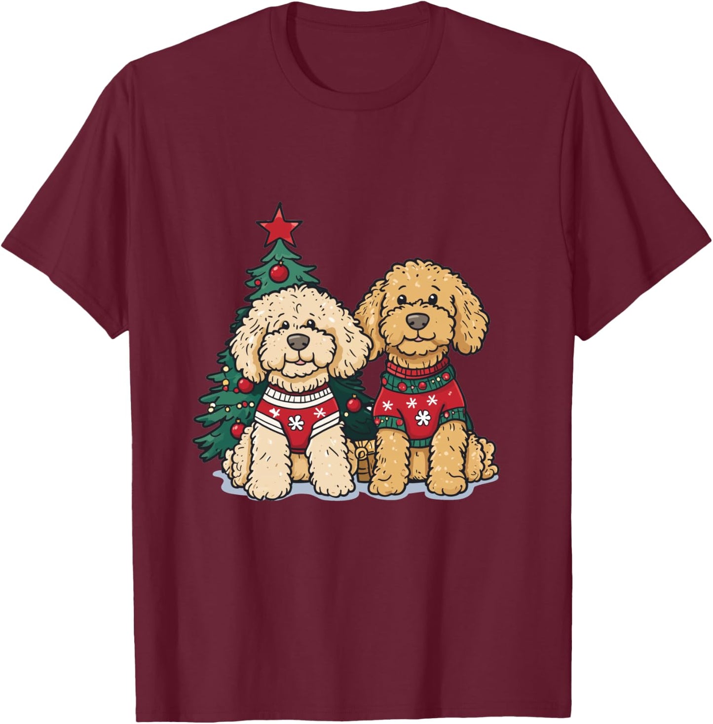 Cute Christmas Golden Doodle Dogs Holiday Sweater Snowflakes T-Shirt - T-Shirt | Maroon