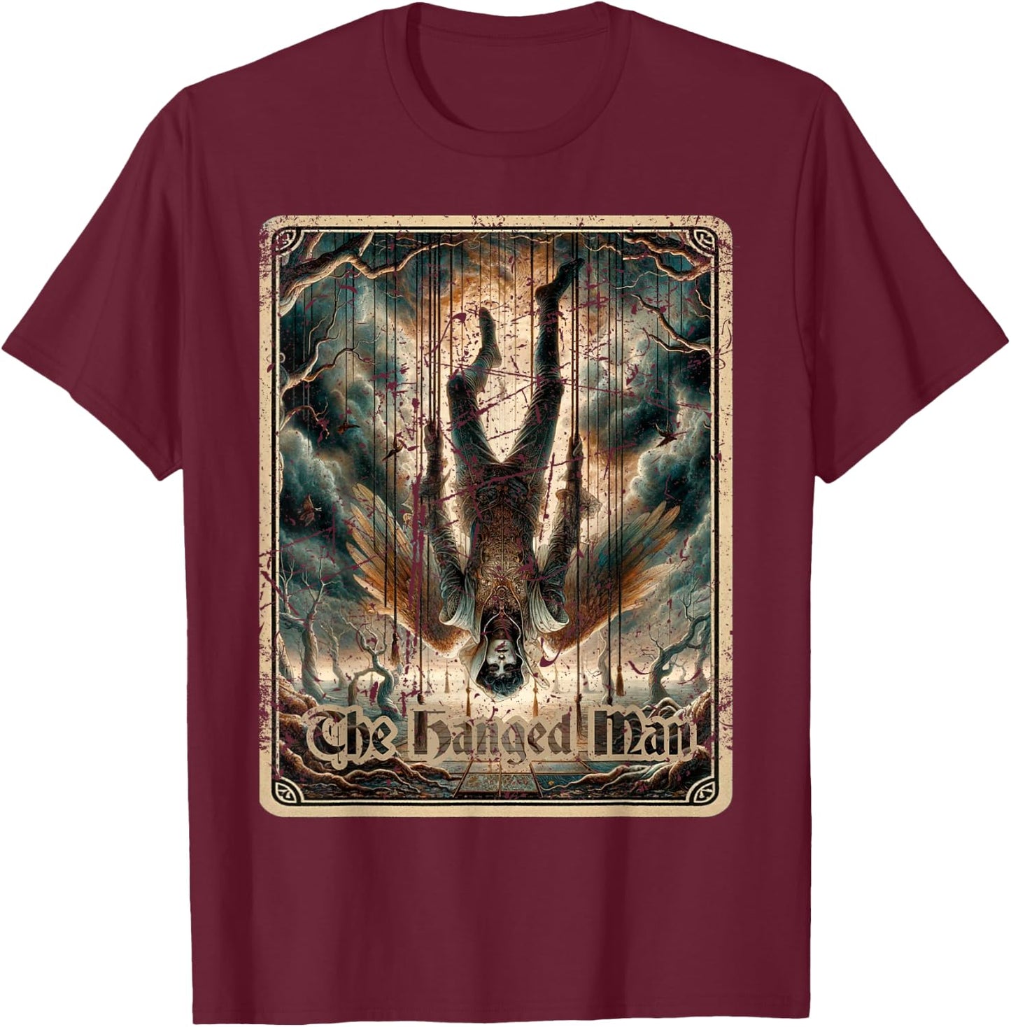 The Hanged Man Tarot Card Black Horror T-Shirt - T-Shirt | Maroon