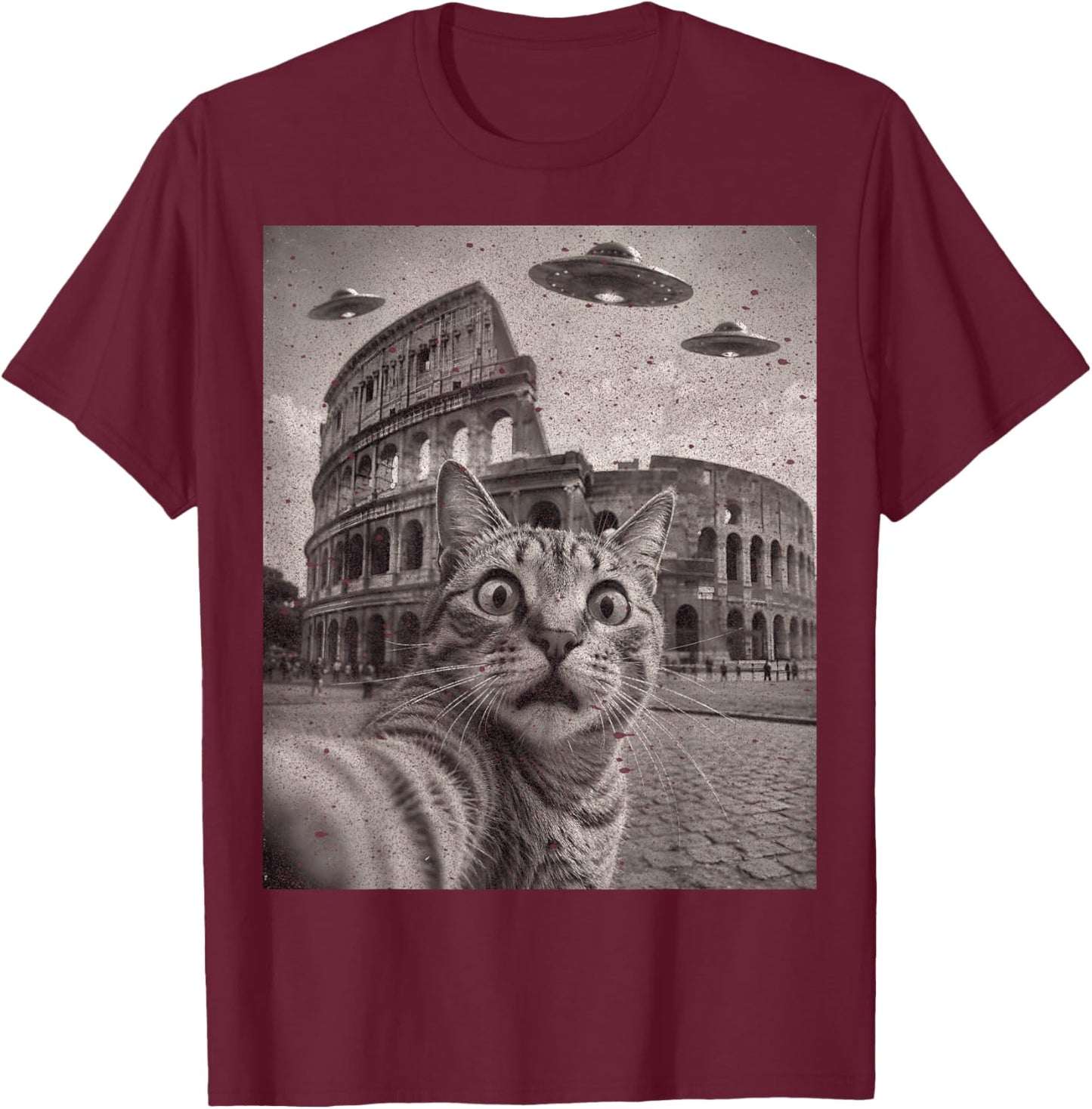 Cat Selfie Rome Colosseum Alien UFO T-Shirt - T-Shirt | Maroon