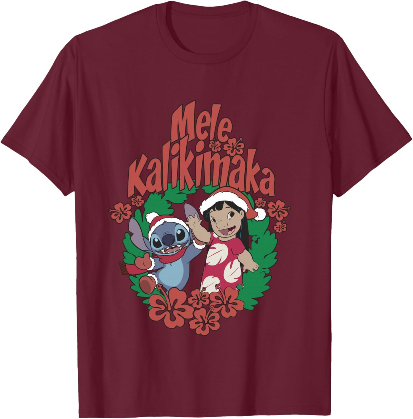Disney Lilo & Stitch Christmas Mele Kalikimaka Wreath T-Shirt - T-Shirt | Maroon