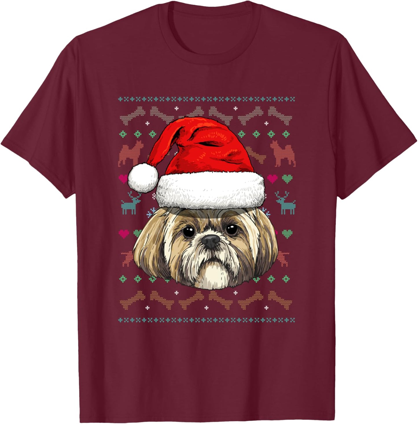 Shih Tzu Ugly Christmas Dog Santa Hat Xmas Boys Kids T-Shirt - T-Shirt | Maroon