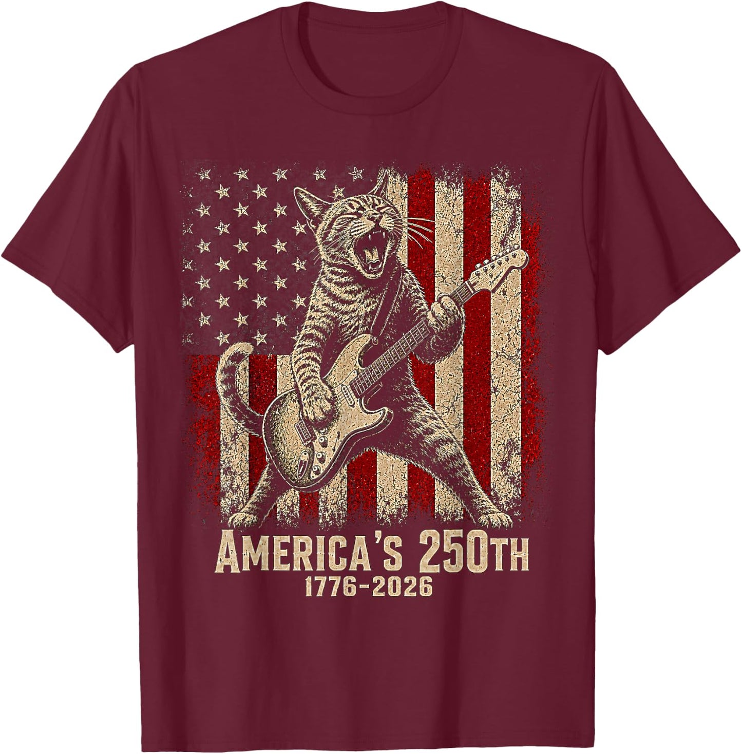Cat Playing Guitar 250 Years American USA Flag 4th of July T-Shirt - T-Shirt | Maroon