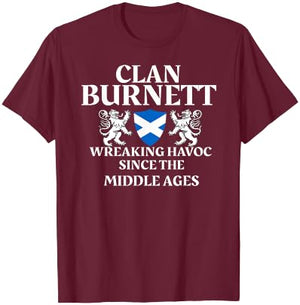 Clan Burnett Scottish Family Kilt Tartan Lion T-Shirt - T-Shirt | Maroon