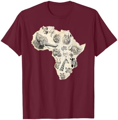Africa's Most Popular Wild Animals on Africa Map T-Shirt - T-Shirt | Maroon
