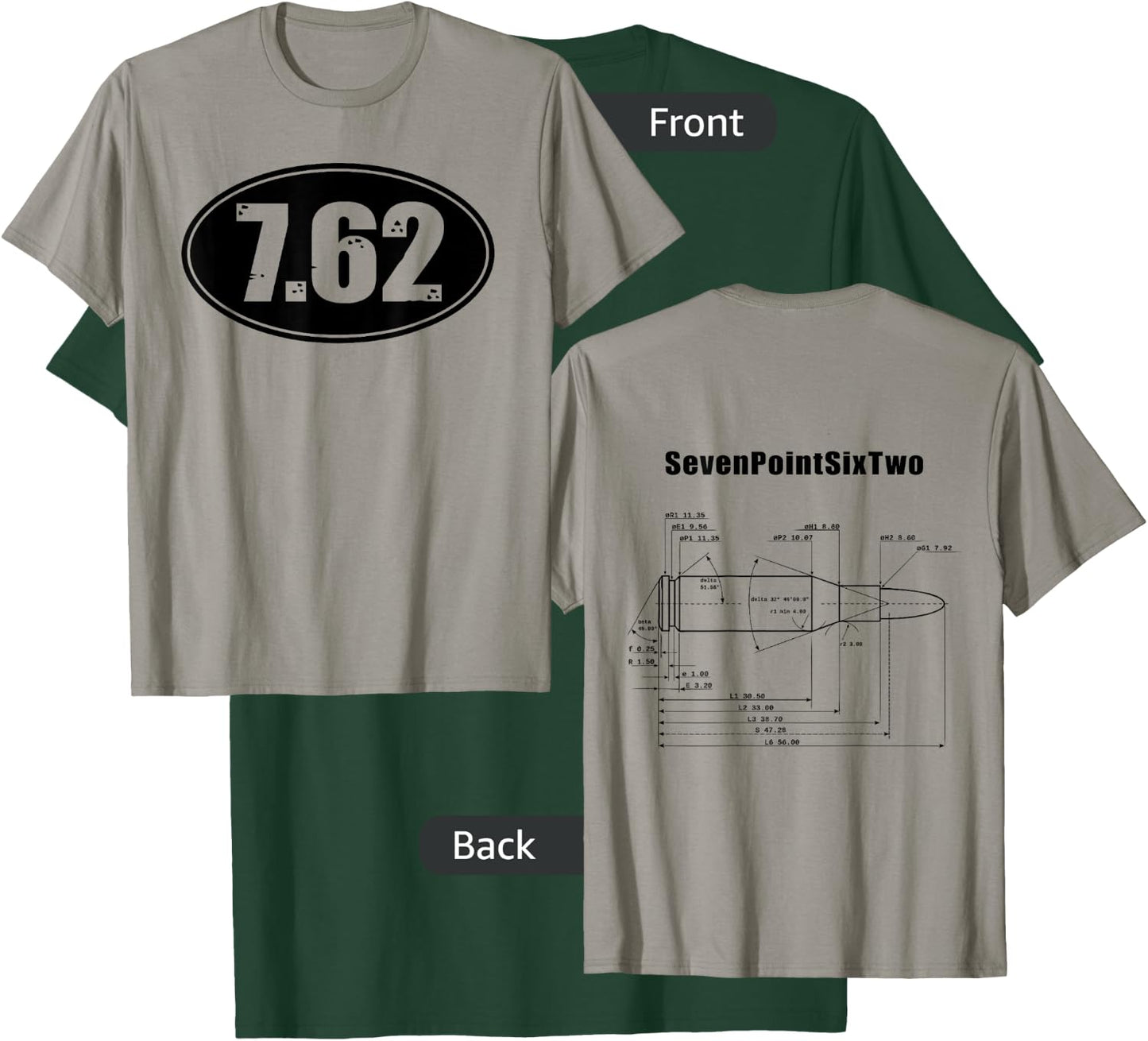 7.62 SKS AK47 Rifle Ammo Gun Bullet Size Dbl Sided Shirt T-Shirt - T-Shirt | Forest