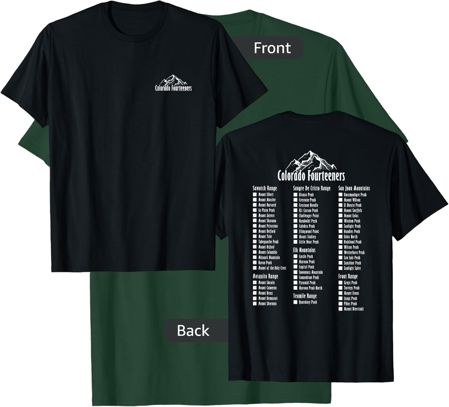 Colorado Fourteeners 2 Sided Checklist 14ers T-Shirt - T-Shirt | Forest