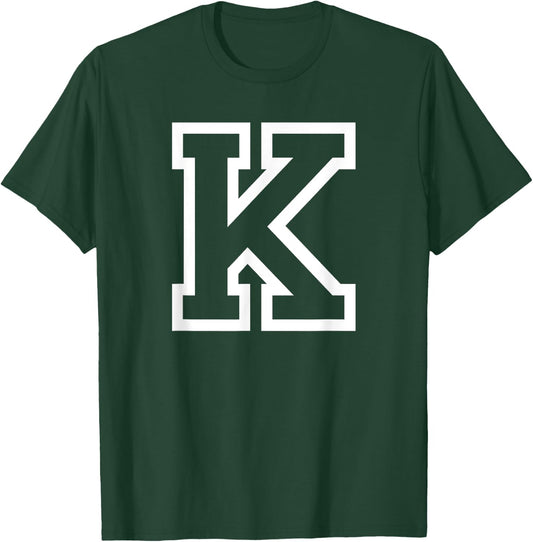 Letter K Capital Name Initial Athletic Monogram T-Shirt - T-Shirt | Forest