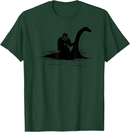 Bigfoot Riding Loch Ness Monster Cute Sasquatch Gift T-Shirt - T-Shirt | Forest