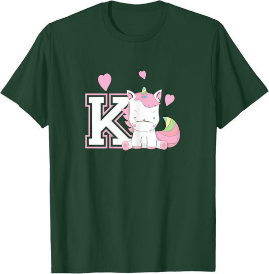 Letter K Monogram Girls Unicorn Gift T-Shirt - T-Shirt | Forest