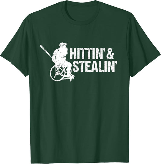 Wheelchair Athlete Baseball Funny Hit and Steal T-Shirt - T-Shirt | Forest