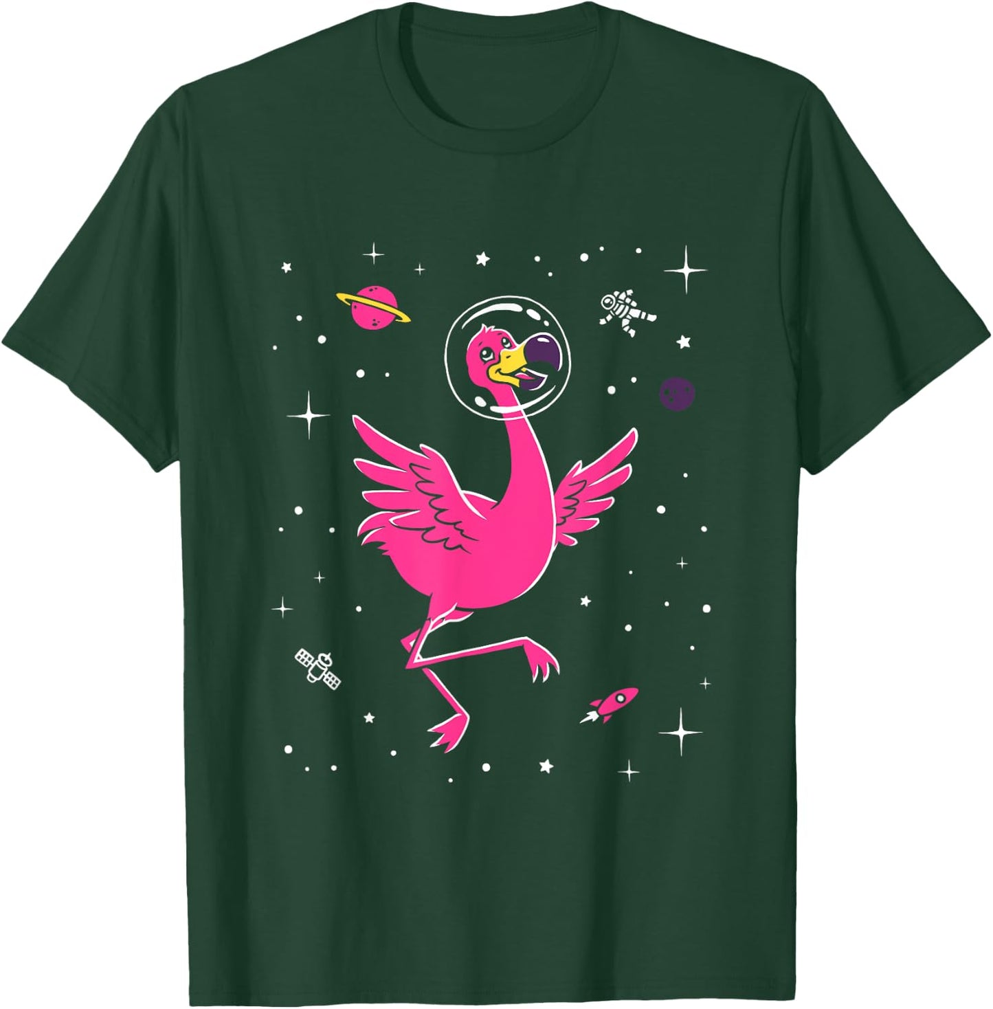Flamingo In Space - Cute Cartoon Bird T-Shirt - T-Shirt | Forest