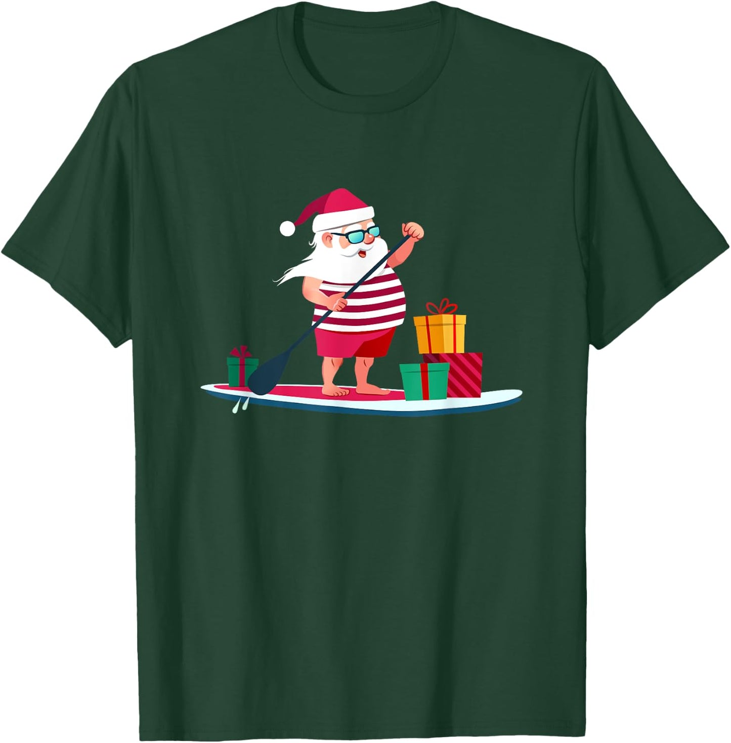 Christmas Paddle-boarding Santa in Swim Shorts Gift T-Shirt - T-Shirt | Forest