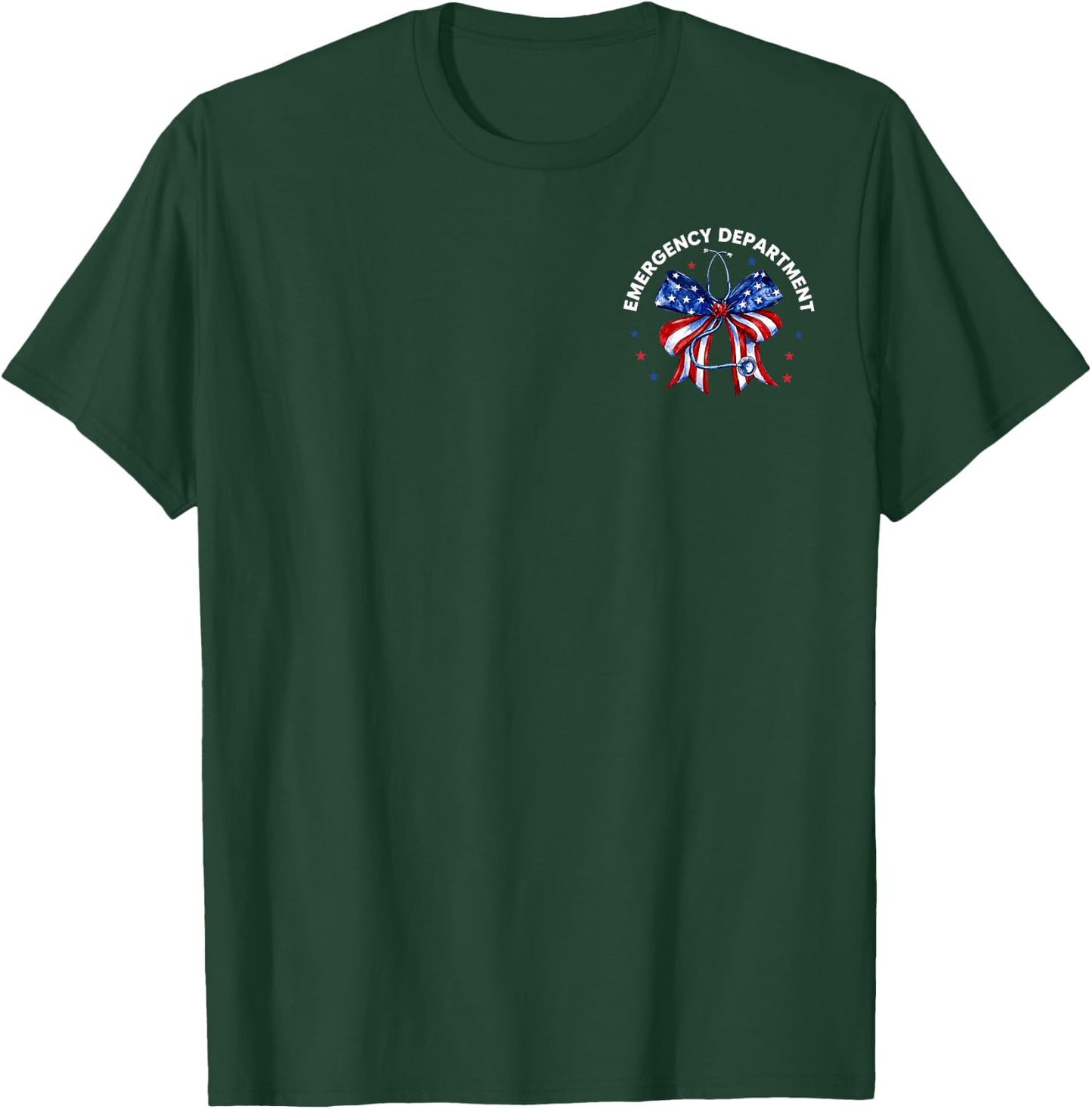2 Side Emergency Department 4th of July ER Nurse US Flag Bow T-Shirt - T-Shirt | Forest
