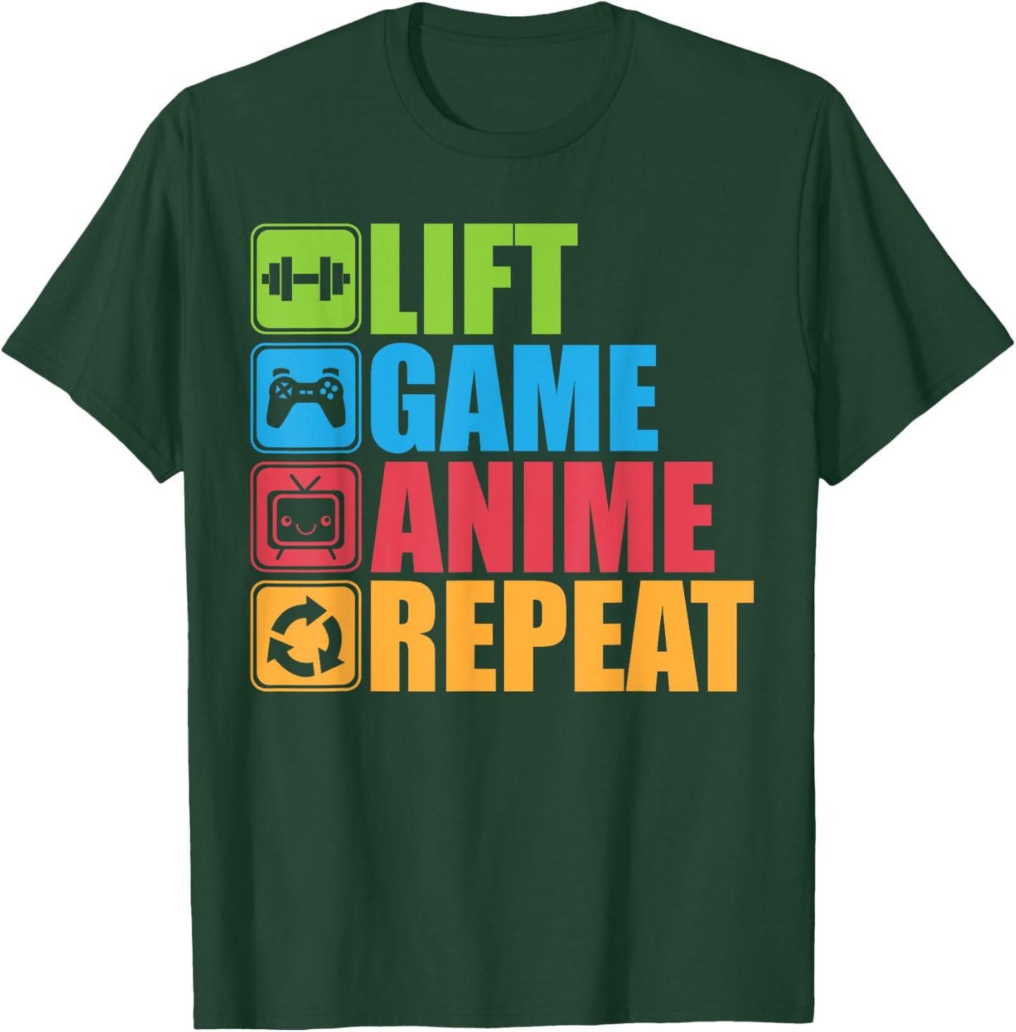 Lift, Anime, Game, Repeat - Gym For Geeks and Nerds T-Shirt - T-Shirt | Forest