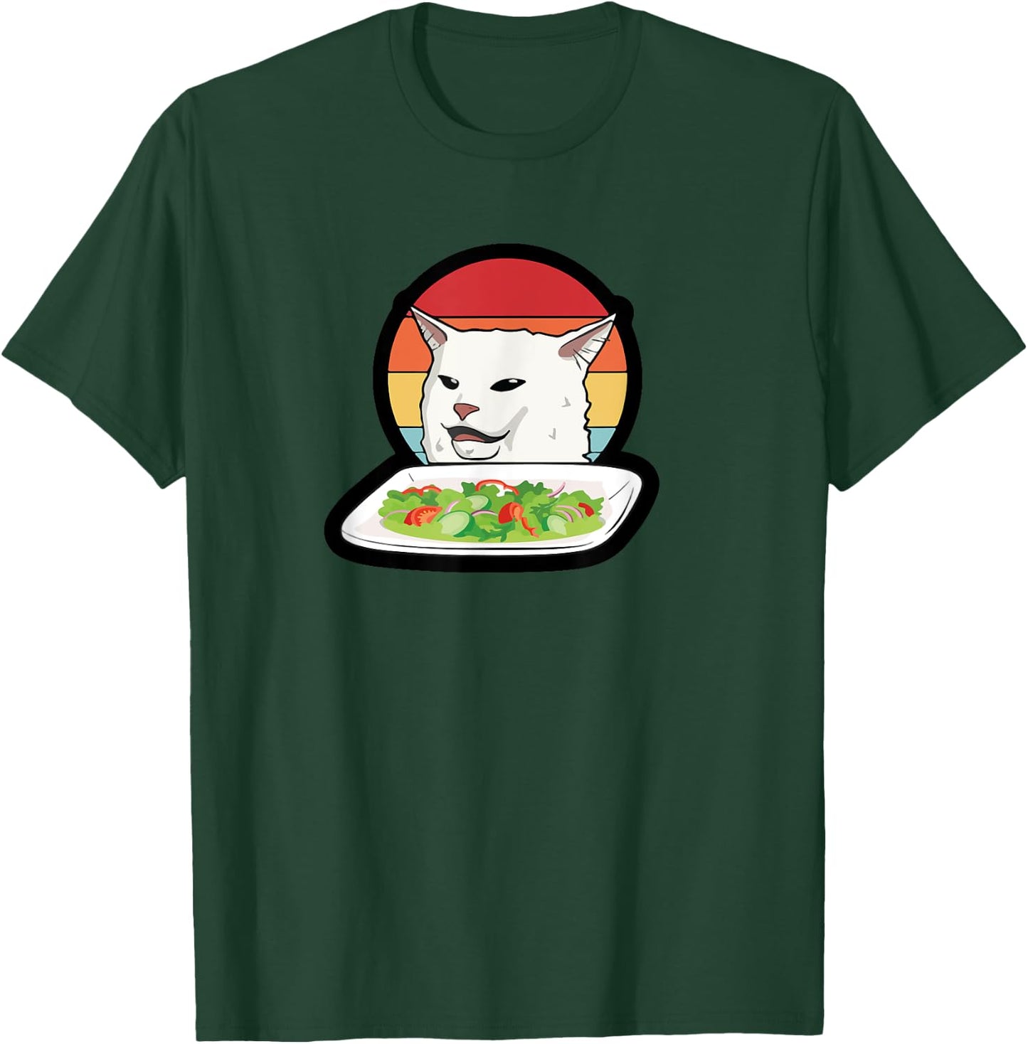 Funny Woman Yelling at Confused Cat Dinner Table Salad Meme T-Shirt - T-Shirt | Forest