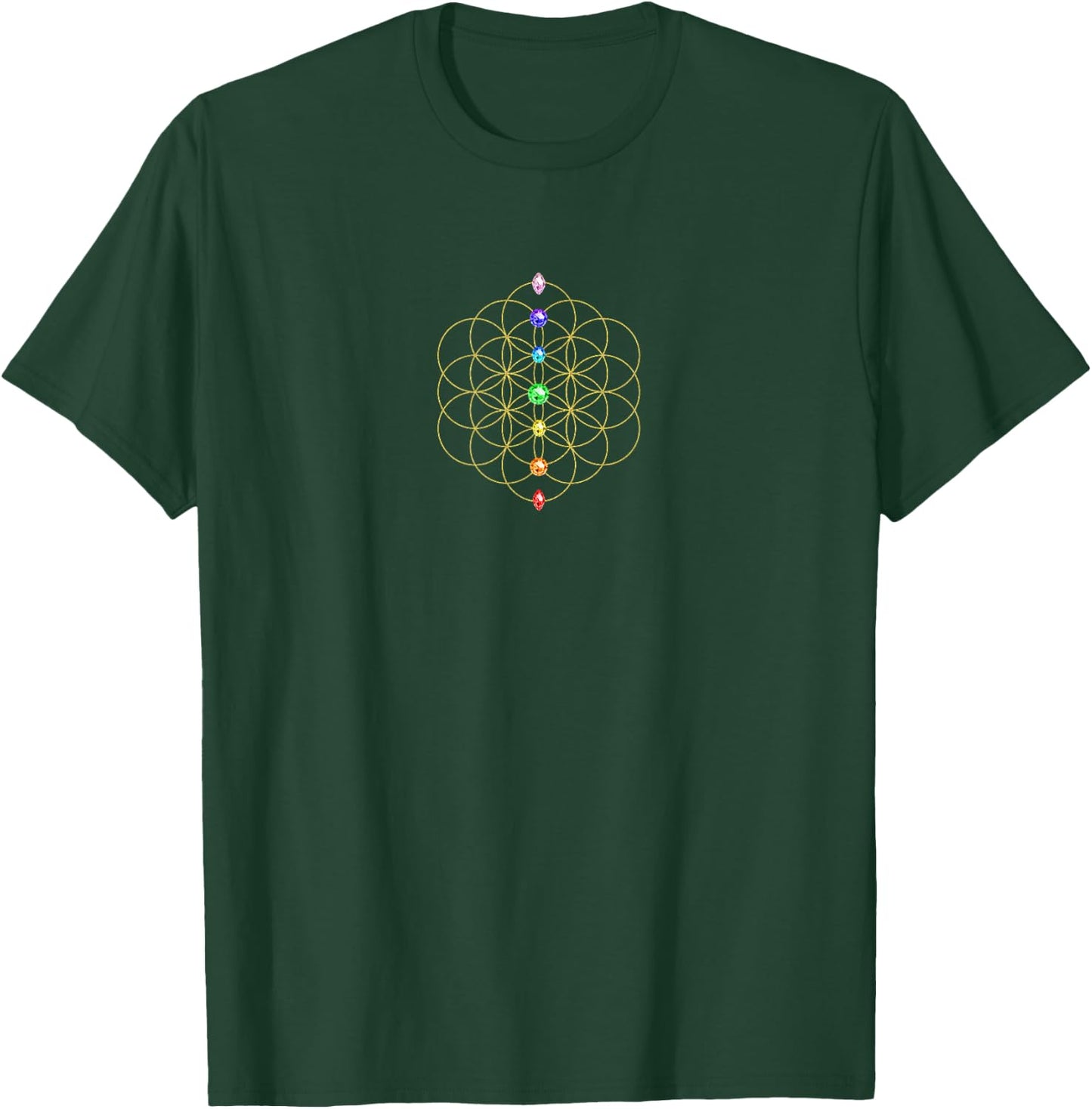 Flower of Life 7 Chakra Stones Holy Geometry Symbol T-Shirt - T-Shirt | Forest