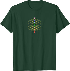 Flower of Life 7 Chakra Stones Holy Geometry Symbol T-Shirt - T-Shirt | Forest
