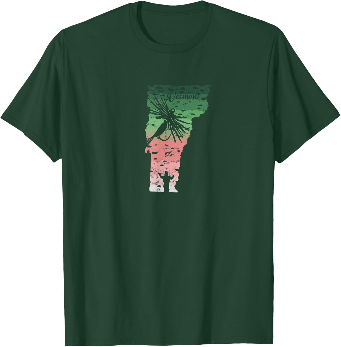 Vintage Big Fly Rainbow Trout Vermont Map Fly Fishing T-Shirt - T-Shirt | Forest