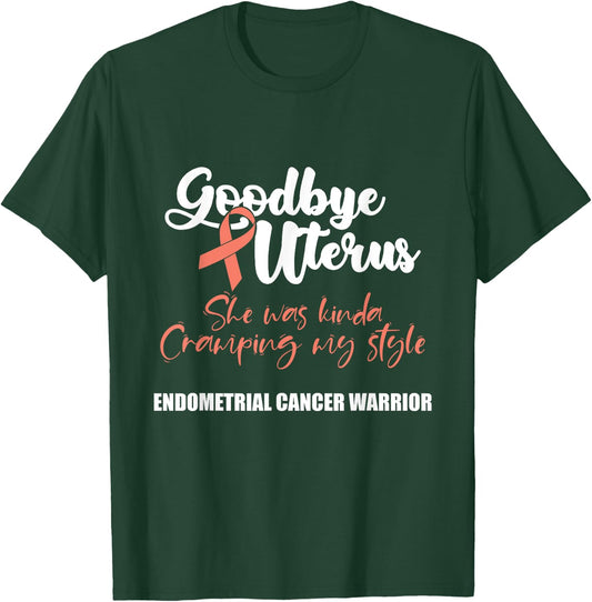 Wear Peach Endometrial Cancer Awareness Gifts Women's Black Awareness with Peach Ribbon and Funny Quote Goodbye Uterus - Small - Short Sleeve - Classic Fit - Cotton 65%, Polyester 35% T-Shirt - T-Shirt | Forest
