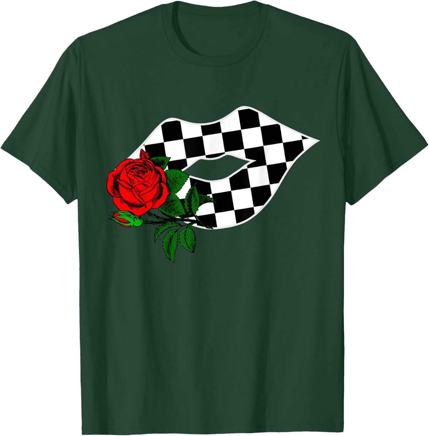 Checkered Lips Kiss With Red Rose Flower Racing T-Shirt - T-Shirt | Forest