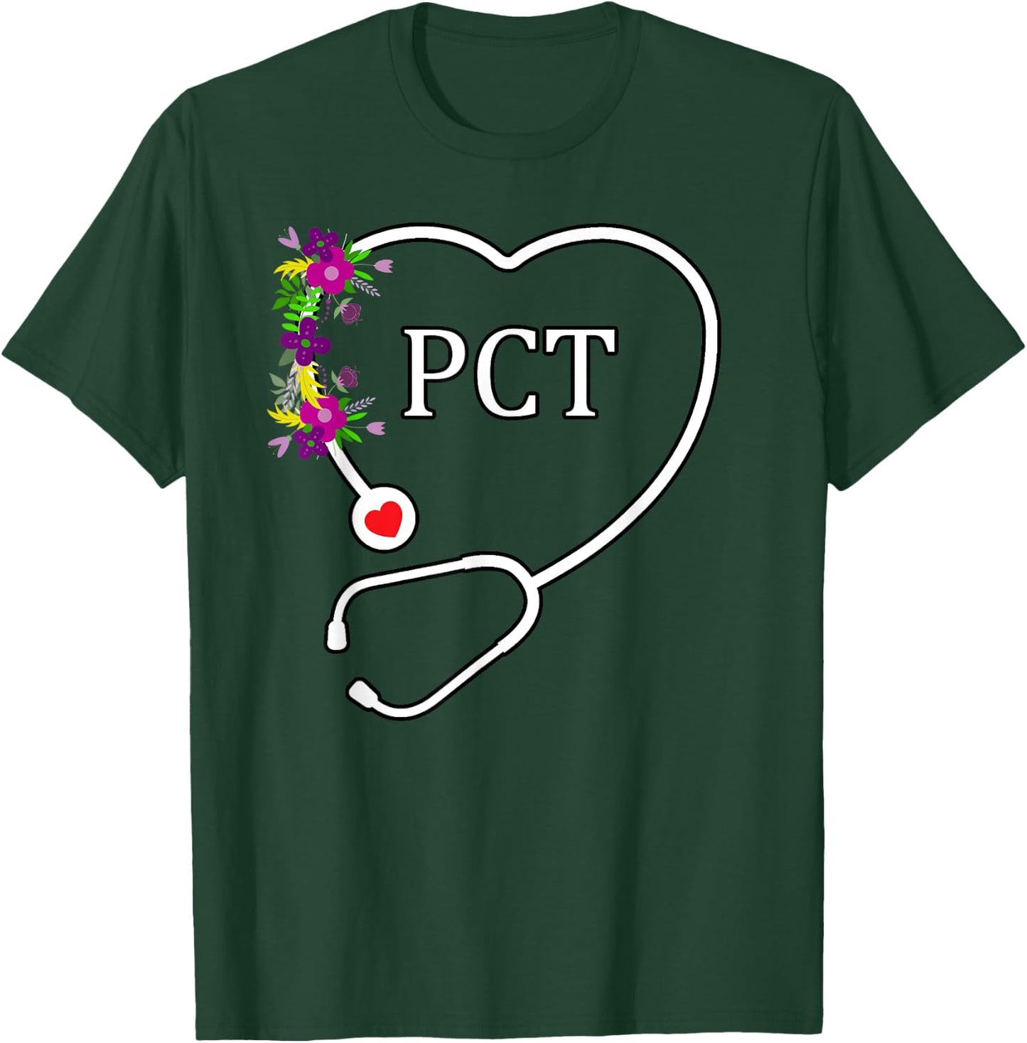 PCT Patient Care Technician Tech Floral Heart Stethoscope T-Shirt - T-Shirt | Forest