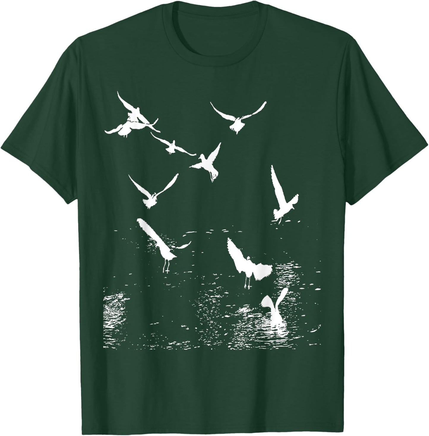 White Silhouette Of A Flock Of Seagulls Over Water T-Shirt - T-Shirt | Forest