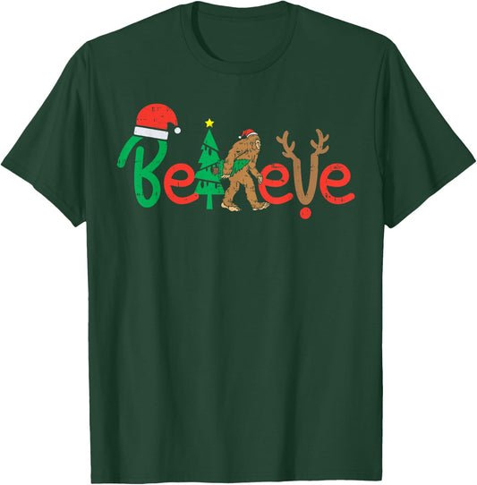 Believe Bigfoot Sasquatch Santa Reindeer Christmas Tree Gift T-Shirt - T-Shirt | Forest