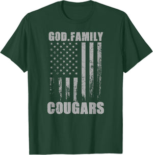 Franklin Cougars God. Family. Vintage USA Flag T-Shirt - T-Shirt | Forest