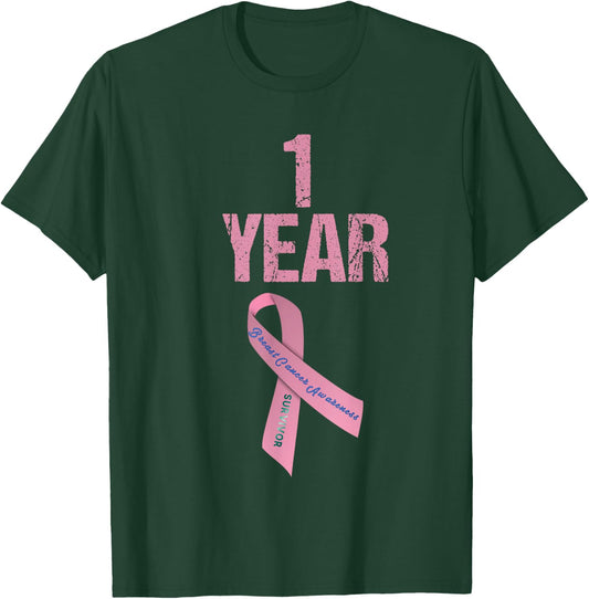 One 1 Years Survivor Breast Cancer Shirt Awareness Present T-Shirt - T-Shirt | Forest