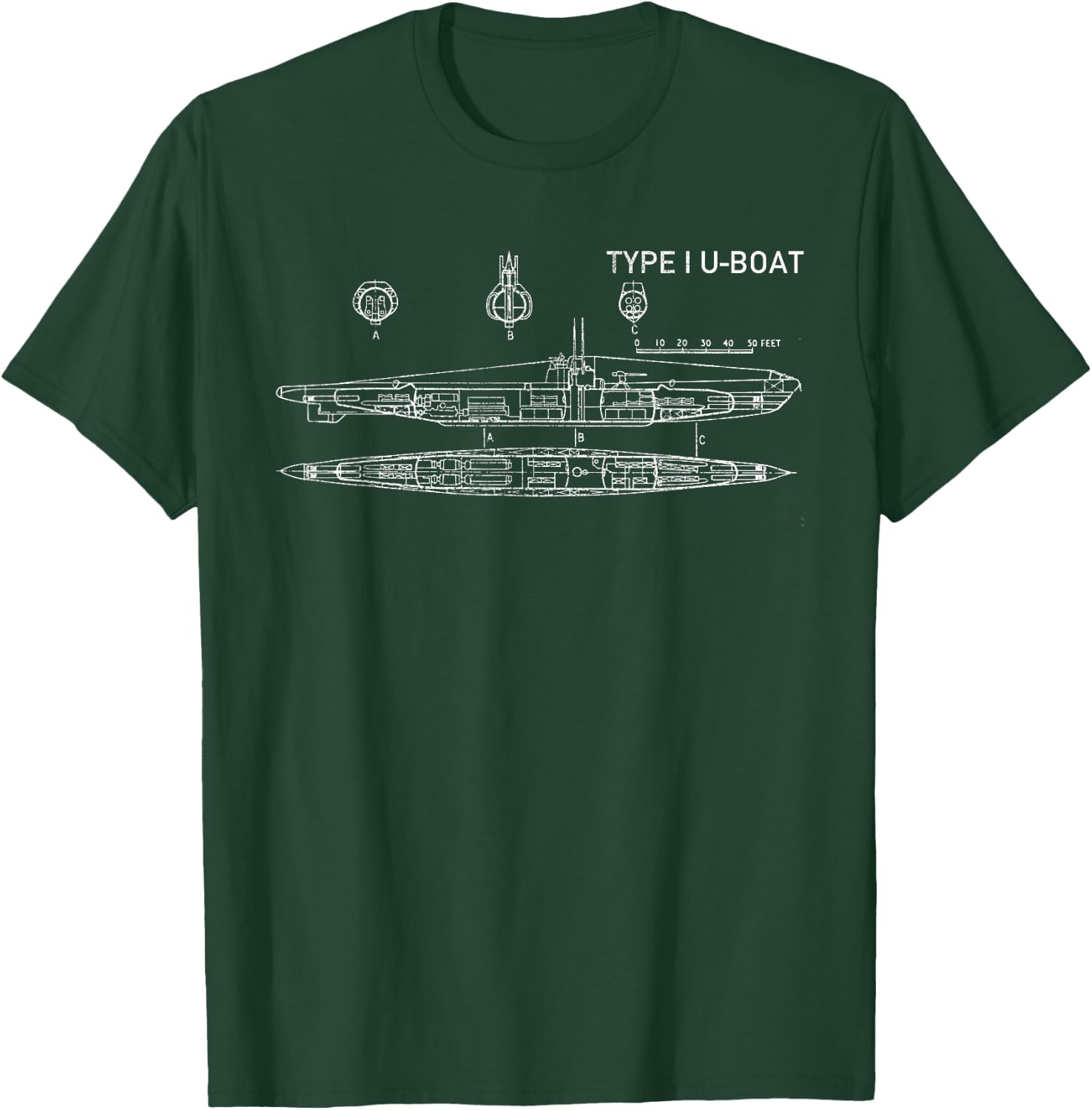 Type I U-boat WWII German Submarine Blueprints T-Shirt - T-Shirt | Forest