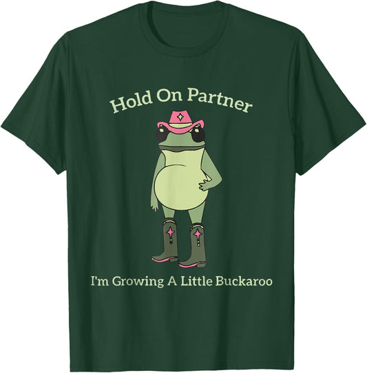 Hold on Partner I'm Growing A Little Buckaroo Frog Cowboy T-Shirt - T-Shirt | Forest