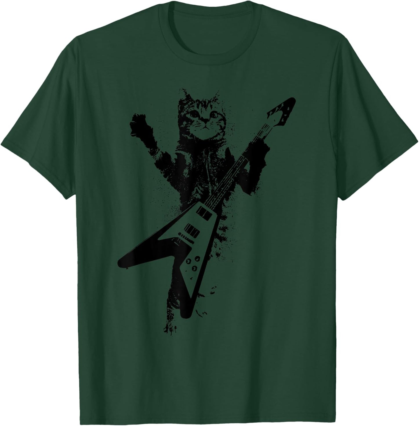 Cat Playing Flying V Guitar Musician Cat Lover Men Women T-Shirt - T-Shirt | Forest